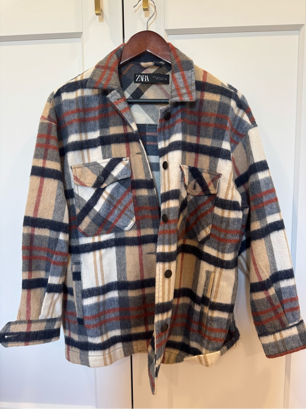 Zara Italian Fabric Plaid Oversized Shacket Jacket XS Cream Navy Rust